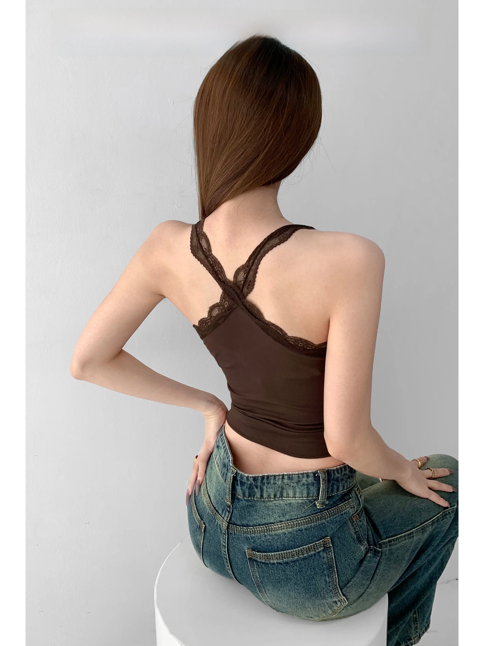 Jiangnan Atmosphere Lace Splice Sexy Backless Vest Women's Sleeveless Short Pure Desire Strap Top Street Style Inner Wear