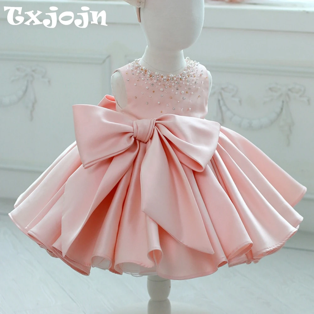 

New Arrival Flower Girls Dresses For Wedding Exquisite Pearls Bow Princess Gown Kids Birthday Party Wear Elegant Skirt 80-150cm