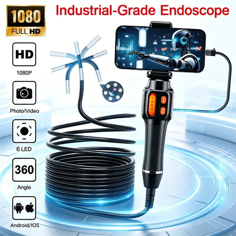 New 360° Articulating Borescope Endoscope Camera 1080P FHD Articulated Inspection Borescope Camera IP67 For Android/iOS Phone
