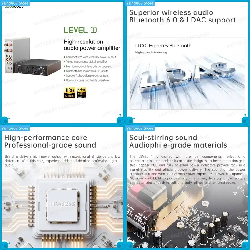 For JadeAudio Level 1 Desktop HiFi Bluetooth LDAC Amplifier 2x300W Class D Amp USB Coax Input for Home Theater PC with 48V