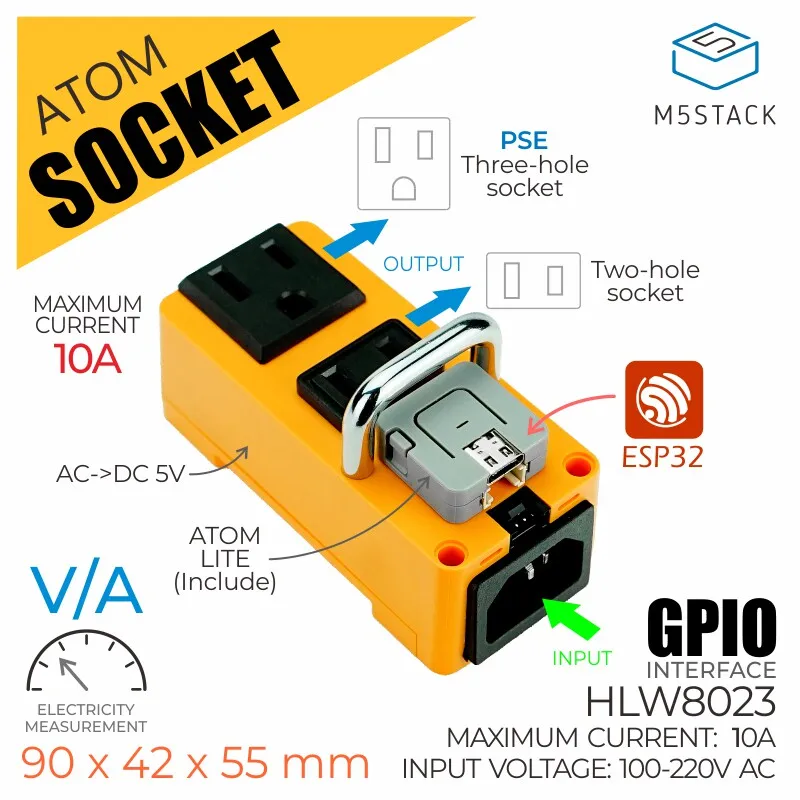 M5Stack Official ATOM Socket Smart Power Socket HLW8032 Electric Energy Metering Japanese Standard Outlet