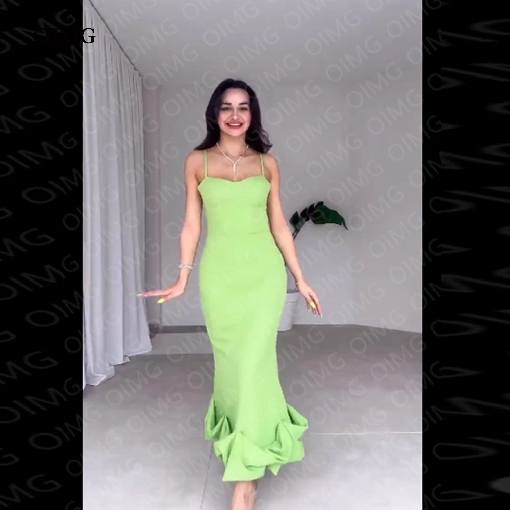 

OIMG Green Short Spaghetti Straps Evening Dresses Strapless Sleeveless Arabic Lady Formal Night Party Dress Prom Gowns 2023