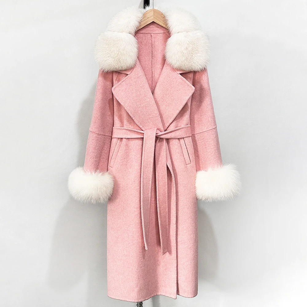 OFTBUY Langer, warmer, eleganter Wintermantel mit Gürtel, neue Damen-Doppelmantel aus Wolle mit echtem Fuchsfellkragen und -manschetten – Detail 7