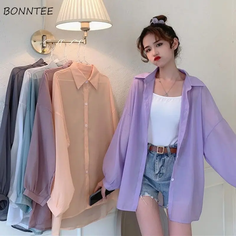 Blouses Women Baggy Youth Sun-proof Summer All-match Korean Fashion Chiffon Long Sleeve Ladies Shirts Simple Basic Dasign Top