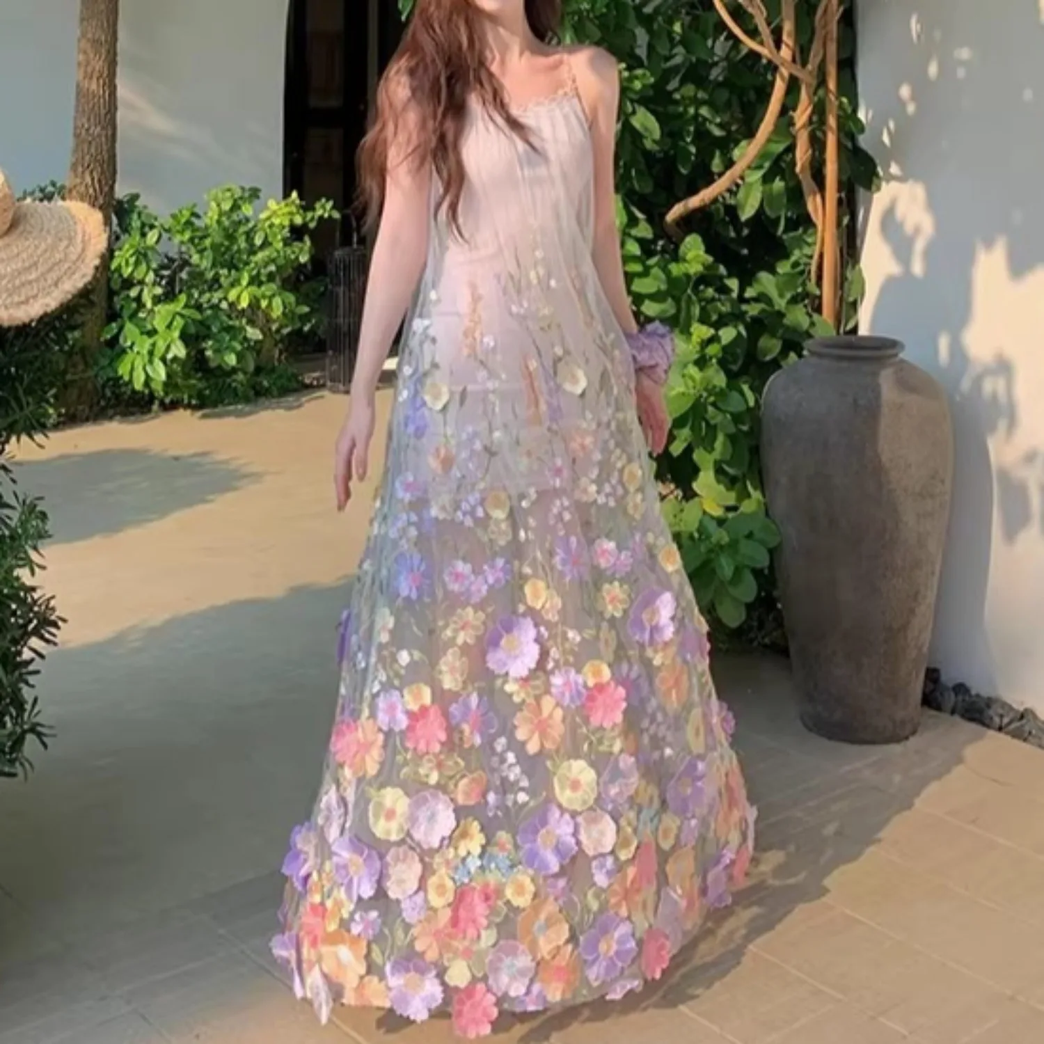 

Светло-фиолетовое сетчатое платье с цветочной вышивкой, женское платье макси без рукавов на бретелях, облегающее свободное стильное элегантное женское платье