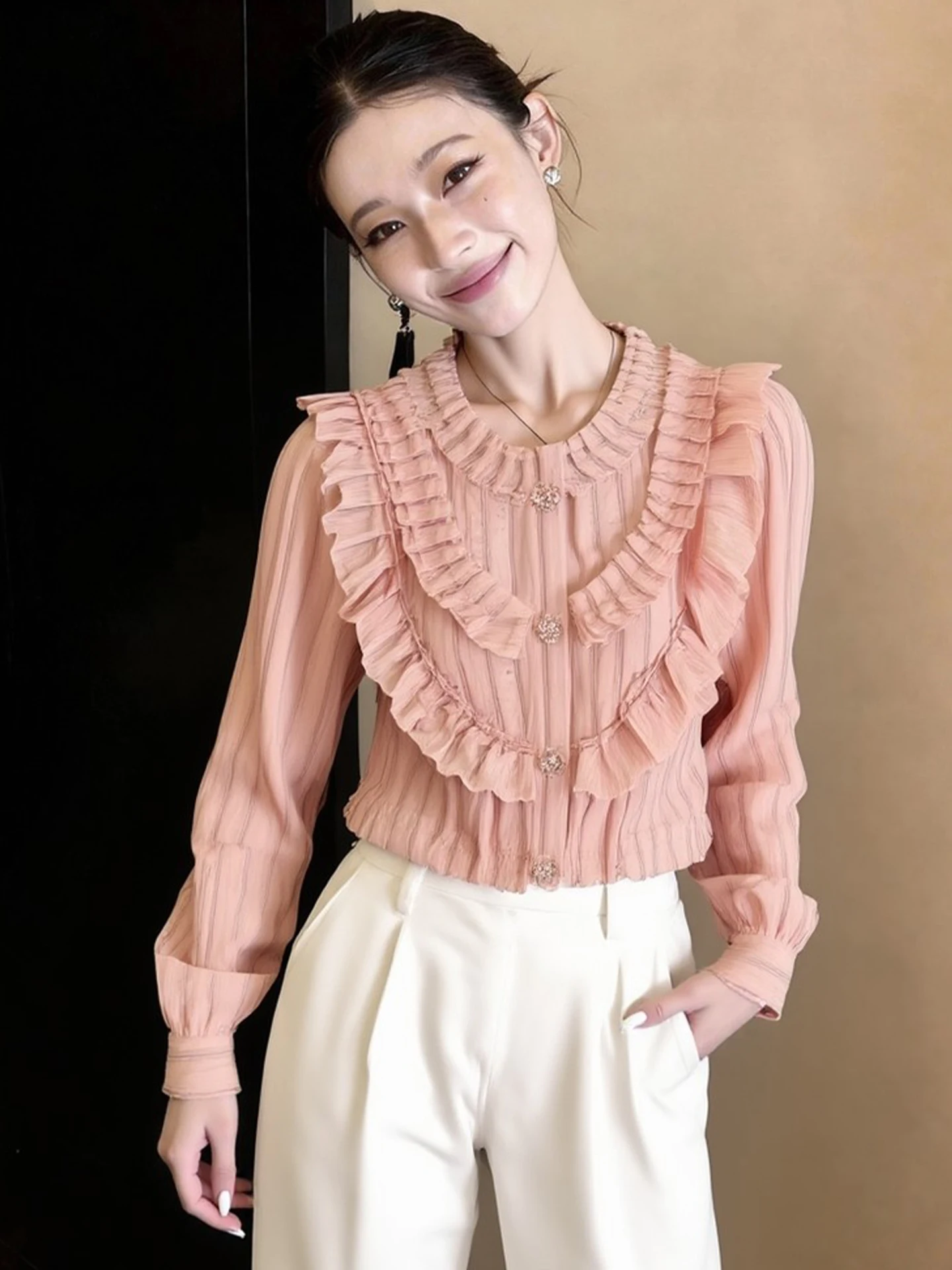 

Korean Style Long Sleeve Shirt Design Sensation Gentle Fashion Anti Aging Spring Commute Shirt Women's Straight Cut Button up