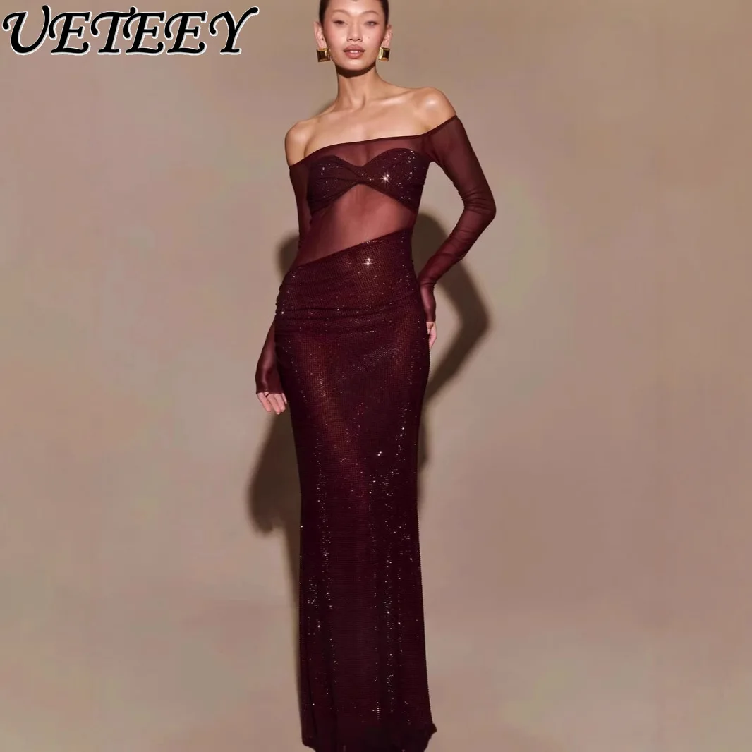 Boutique Fashion Hot Diamond Sexy Off-Schulter Langarm Abendkleid Temperament Hohl Schlank Lange Fischschwanz Party Kleider