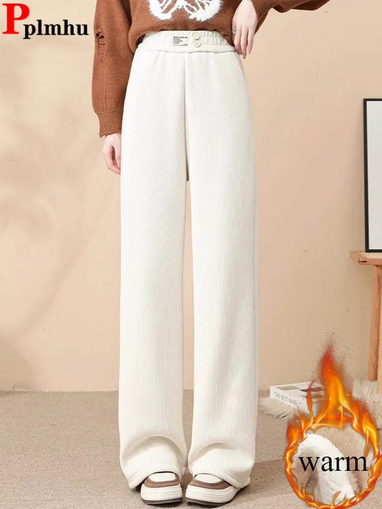 

Зимние теплые свободные прямые брюки, зимняя одежда, эластичные спортивные штаны с высокой талией на флисовой подкладке, женские повседневные утепленные широкие брюки