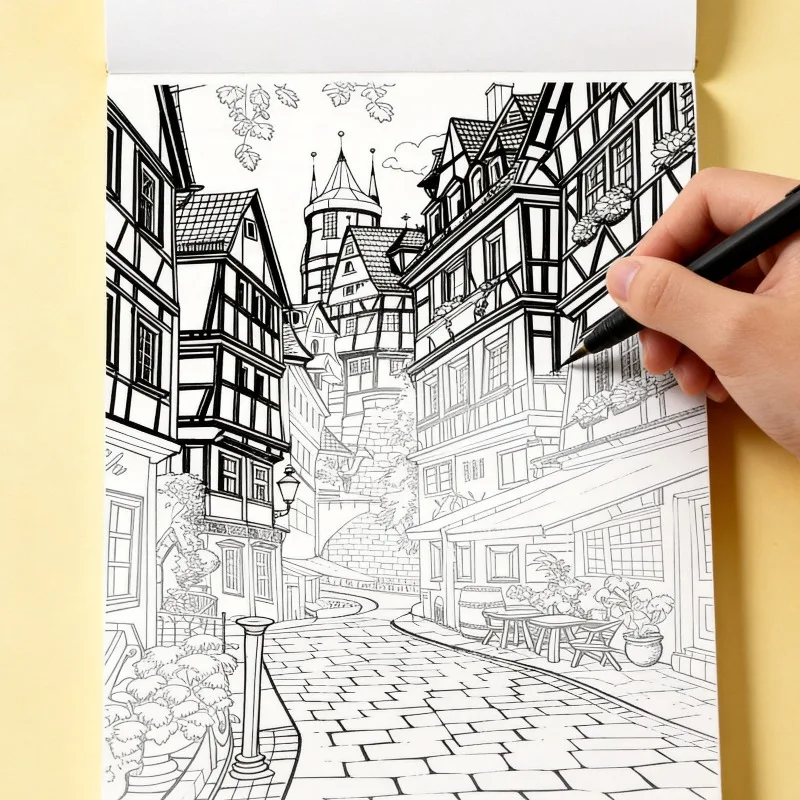One Adult Decompression Hand Drawn Graffiti Book, Retro Town Street View Coloring Book, 24 Different Styles of Patterns