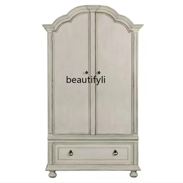 

American country solid wood double door, French retro white old locker European bedroom storage wardrobe