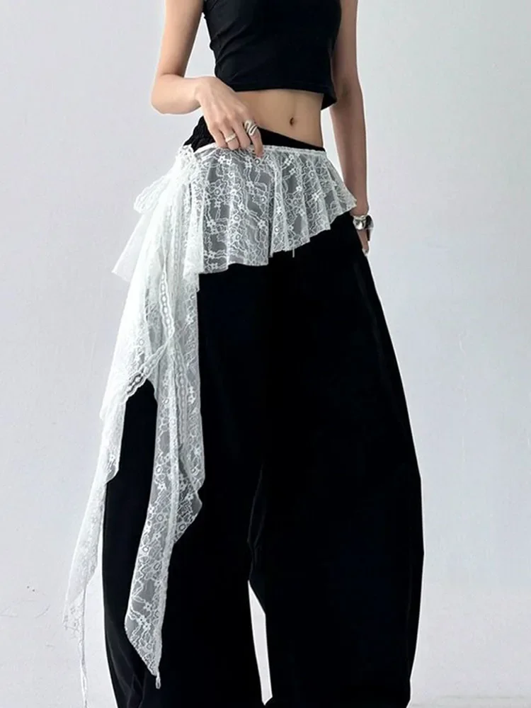 청바지 바지 장식 자수 꽃 레이스 미니 스커트 불규칙 시스루 주름 스커트 하이웨이스트 하라주쿠 플리츠 스커트