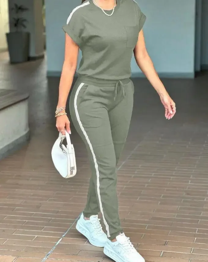 Conjunto de dos piezas para mujer, chándal con paneles, cuello redondo, Top de manga corta y diseño de bolsillo informal, conjunto de pantalones con cordón