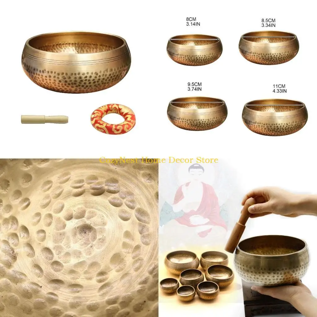 92MF Tibetan Singing Bowl with Wood Stick Cushion Meditation Sound Bowl Handcraft Gift for Yoga Chakra Healing Balancing