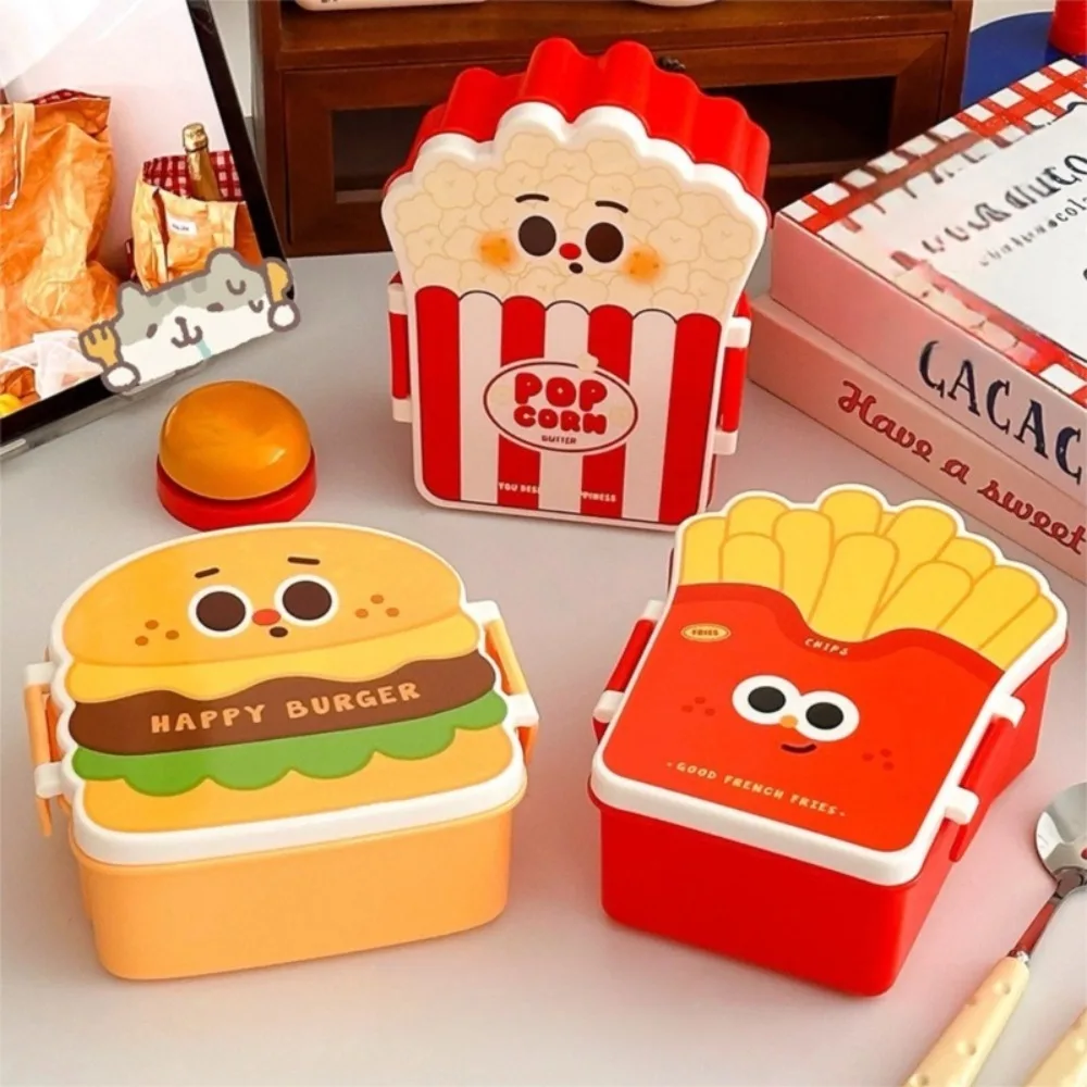 Food Grade Cartoon Bento Box Hamburger French Fries Divided Portable Lunch Box Leakproof Fork Spoon Preservation Box Picnic