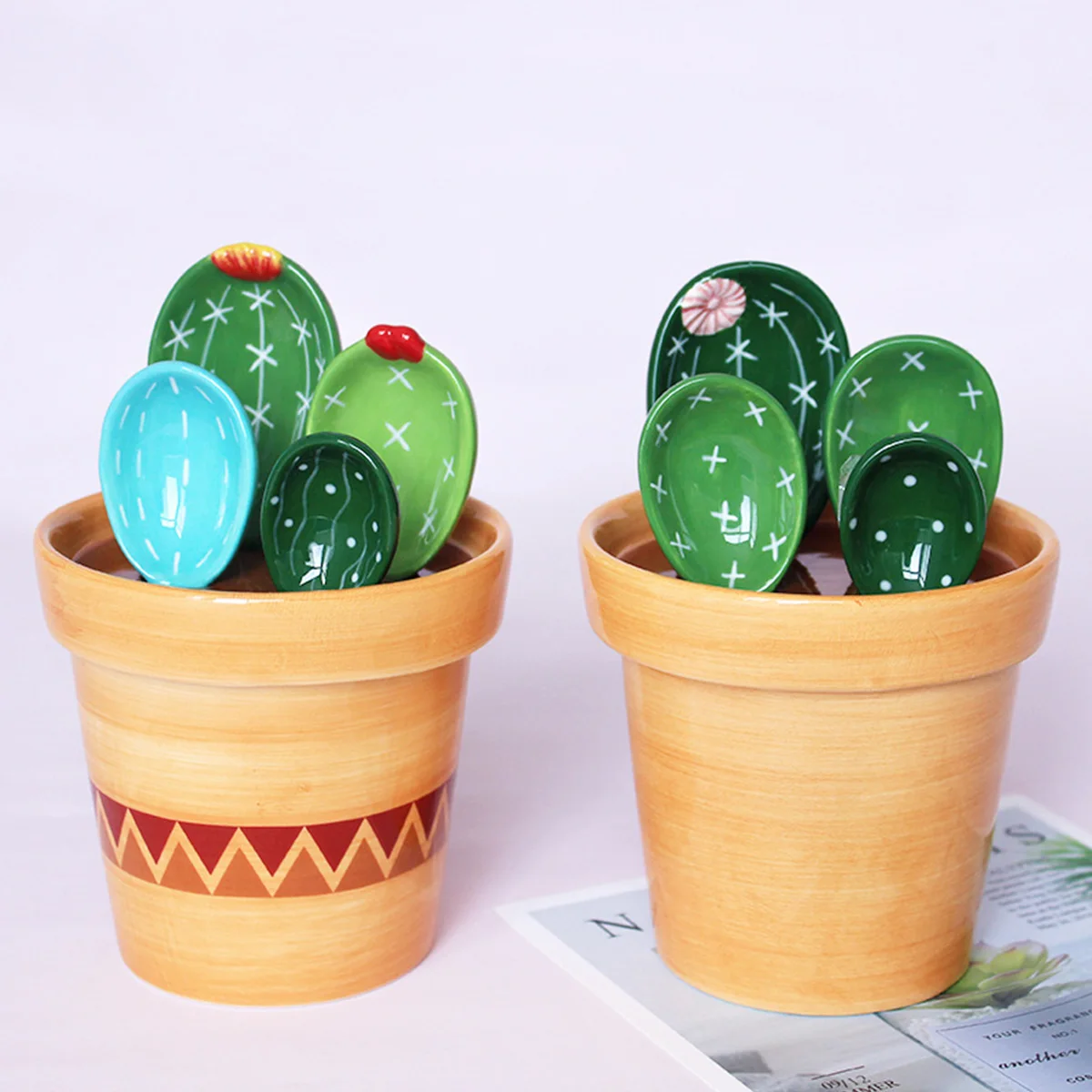 4Pcs Porcelain Measuring Spoons Set with Base Cute Cactus Shape Stirring Soup Spoon Ceramic Flower Pot Measuring Spoon