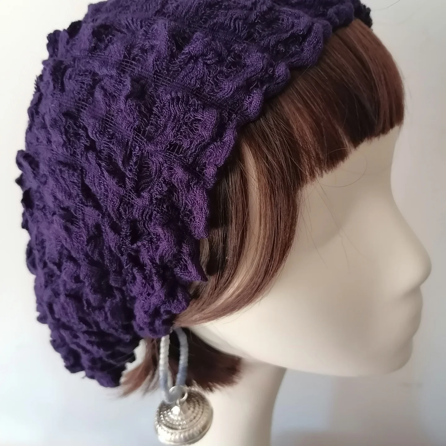 幅広弾性ヘアバンド-クリアウォーターウィンド-プリーツパープル-大きめヘアフープ-ヘッドバンド-ヘアアクセサリー-快適で締め付けない