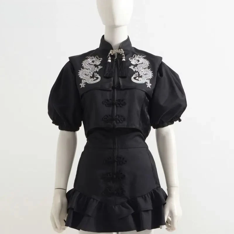Harajuku Subculture Chinese Style Embroidered Puff Short Sleeve Top and High Waist Short Skirt Sweet Girl Black Two-Piece Set