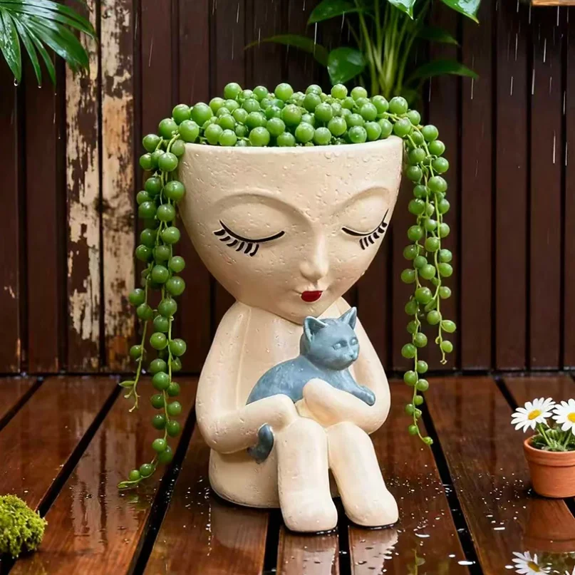 Simple Sitting Posture Girl Holding Cat FlowerPot Creative Succulent Plant Vase Container Outdoor Courtyard Garden Decoration