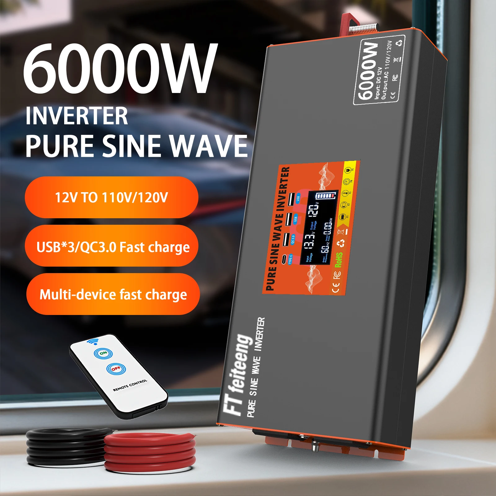 6000W Peak Pure Sine Wave Power Inverter 12V to 110V with US Plug Cables OVP for Car RV Solar CPAP Tools US Stock