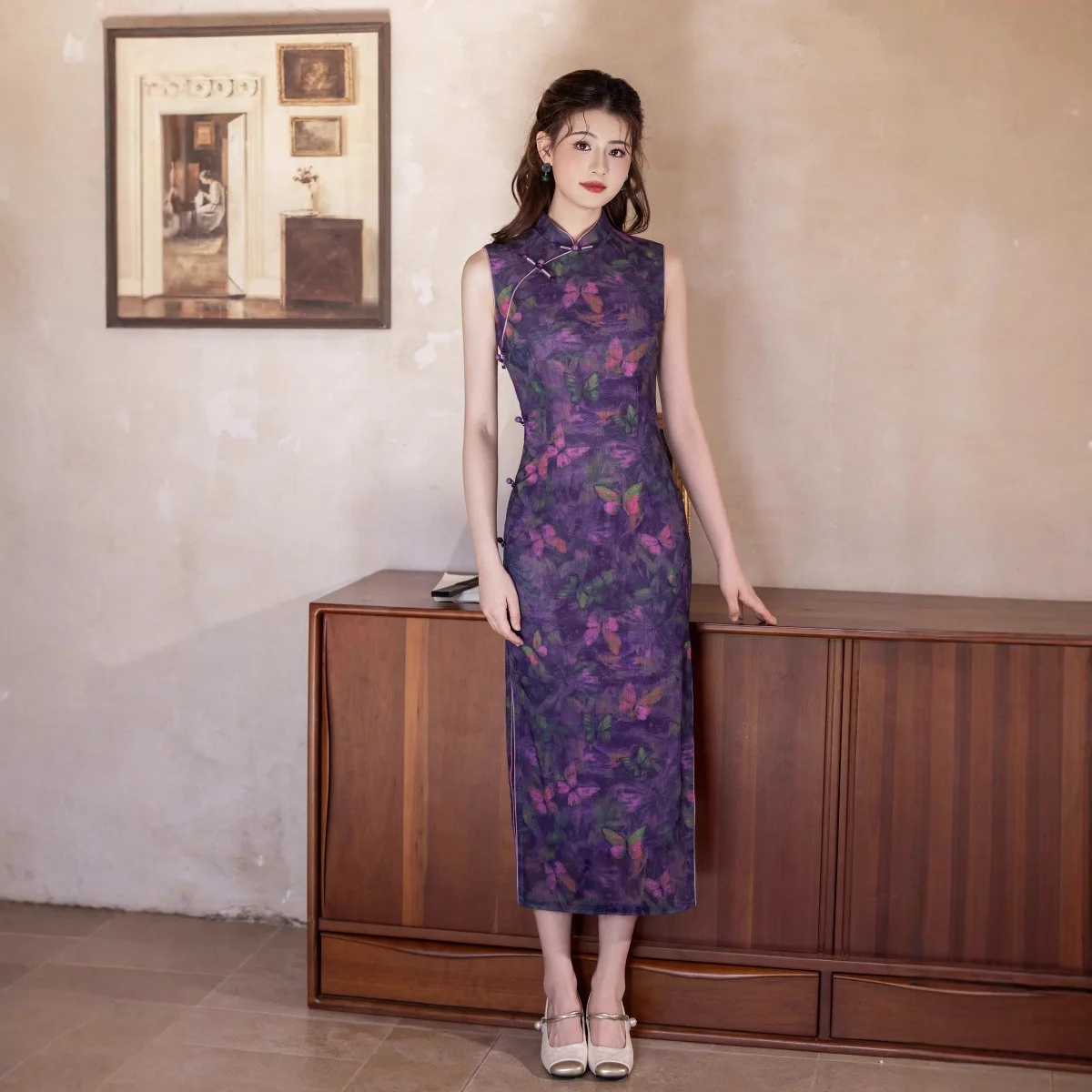 

Весенне-осеннее новое длинное платье Ципао в старом Шанхае, повседневное винтажное улучшенное фиолетовое платье Ципао в китайском стиле, платье Ципао
