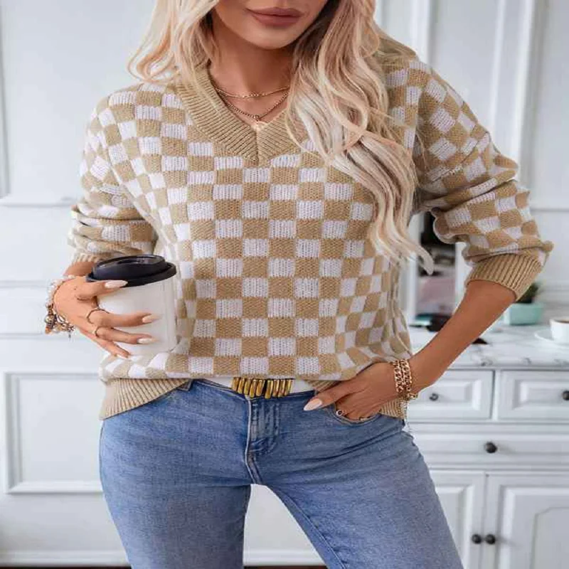 

2025 Autumn Winter Women's Checkered Color Matching Sweater V-Neck Long Sleeve Pullover Tops Fashion Casual Woman Clothes