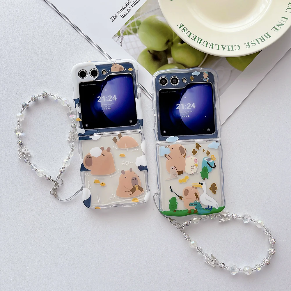 Cute Cartoon Capybaras with Lanyard Phone Case for Samsung Galaxy Z Flip 3 4 Z Flip 5 6 5G PC Hard Anti-drop Back Cover Funda