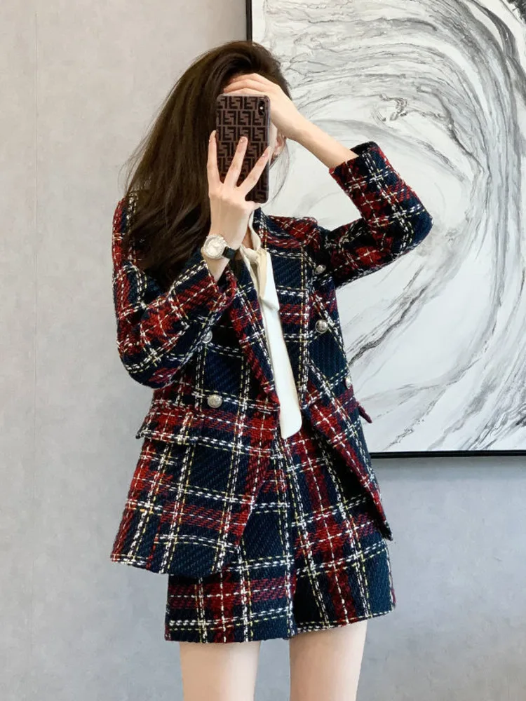 Tweed Jacket Short Pants Two Piece Set Women 2023 Spring Small Fragrance Double-breasted Coat Plaid Blazer And Shorts Tweed Suit