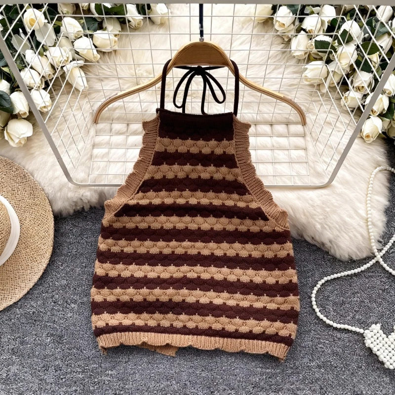 Black White Stripe Scalloped Knit Vest Women's Halter Neck Tie Back Stretchy Casual Sweet Y2K Sleeveless Sweater Tank Top