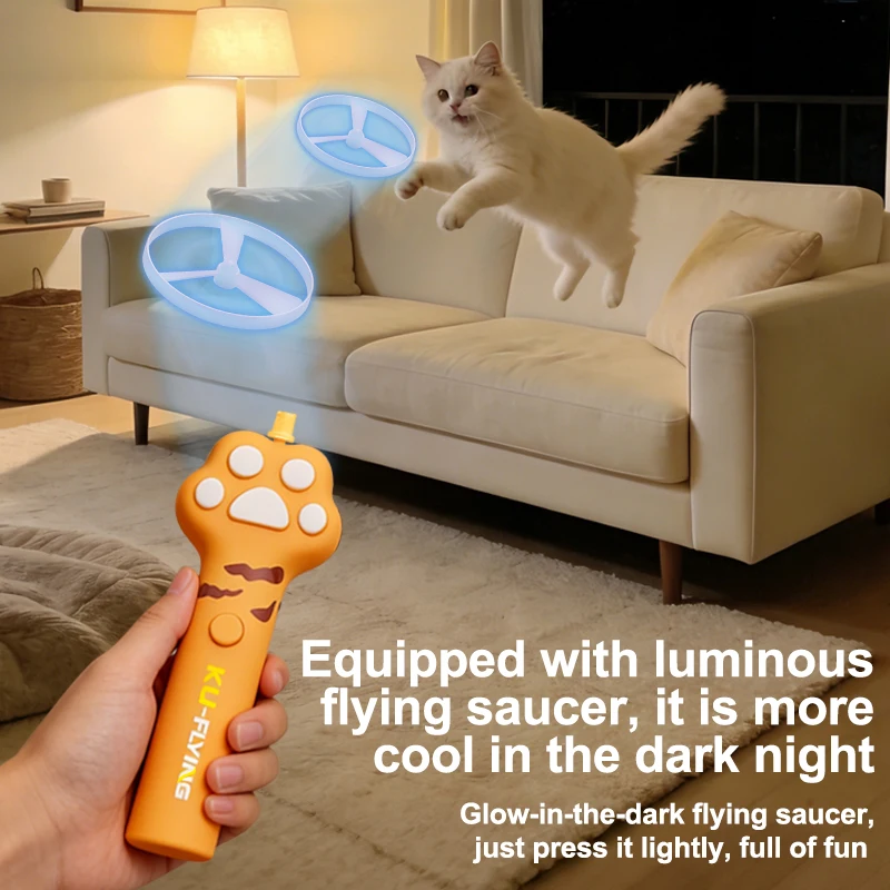 Cute Cat Paw Flying Saucer Stick Electric Pet Toy Interactive Cat Wand Automatic Flying Disc for Kitten Indoor Outdoor Play