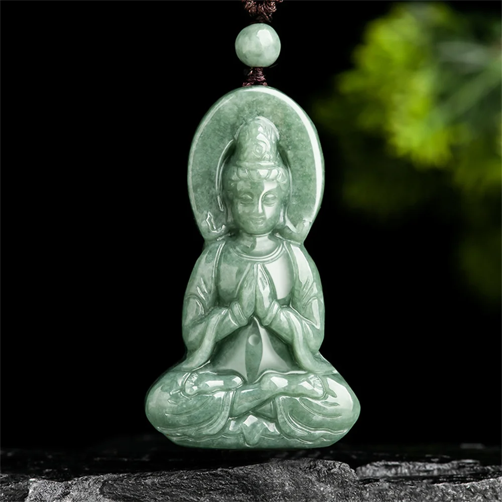 

Retro Natural Ice Green Jadeite Carved Exquisite GuanYin Lucky Pendant Amulet Necklace Certificate Luxury Jade Vintage Jewelry