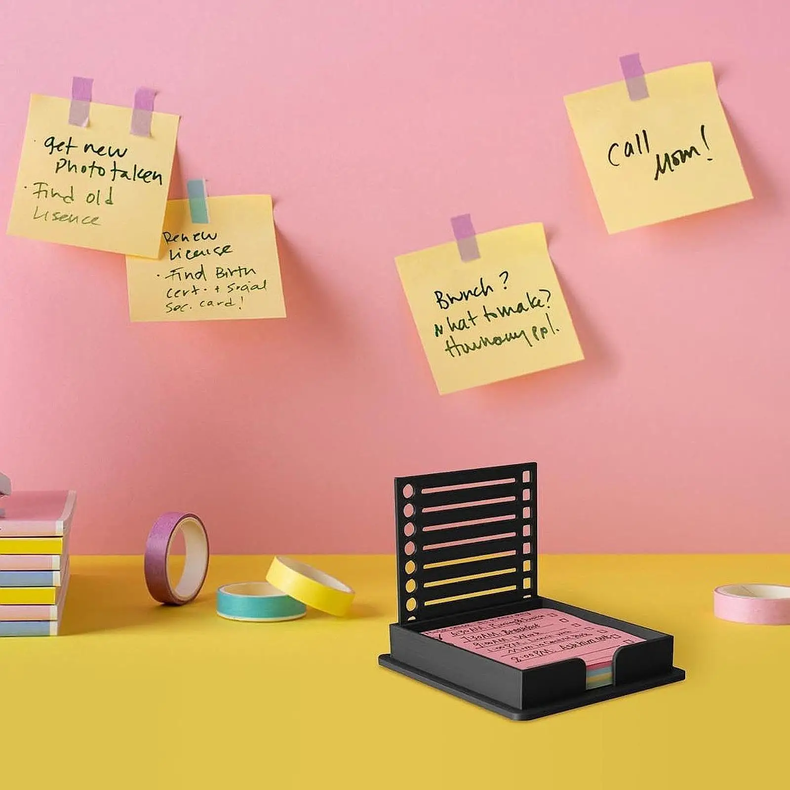 2x Sticky Notes Holder with Stencil Desktop Portable 3x3" Sticky Notepad Holder for School Classroom Office Supplies Home Dorm