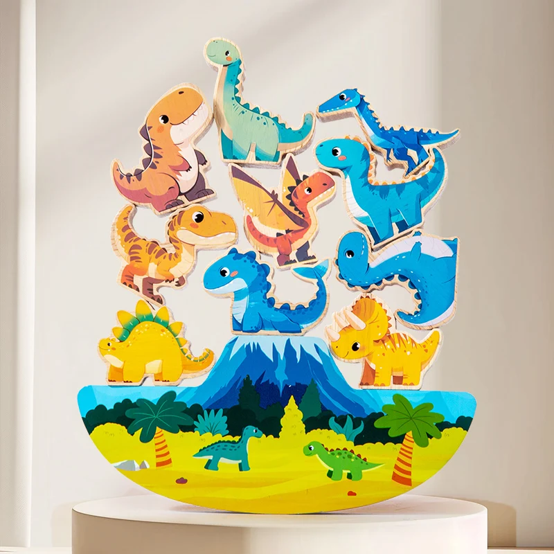 Wooden Animal Dinosaur Building Stacking High Balance Blocks Montessori Toy for Kids Cartoon Jigsaw Puzzle Educational Gifts