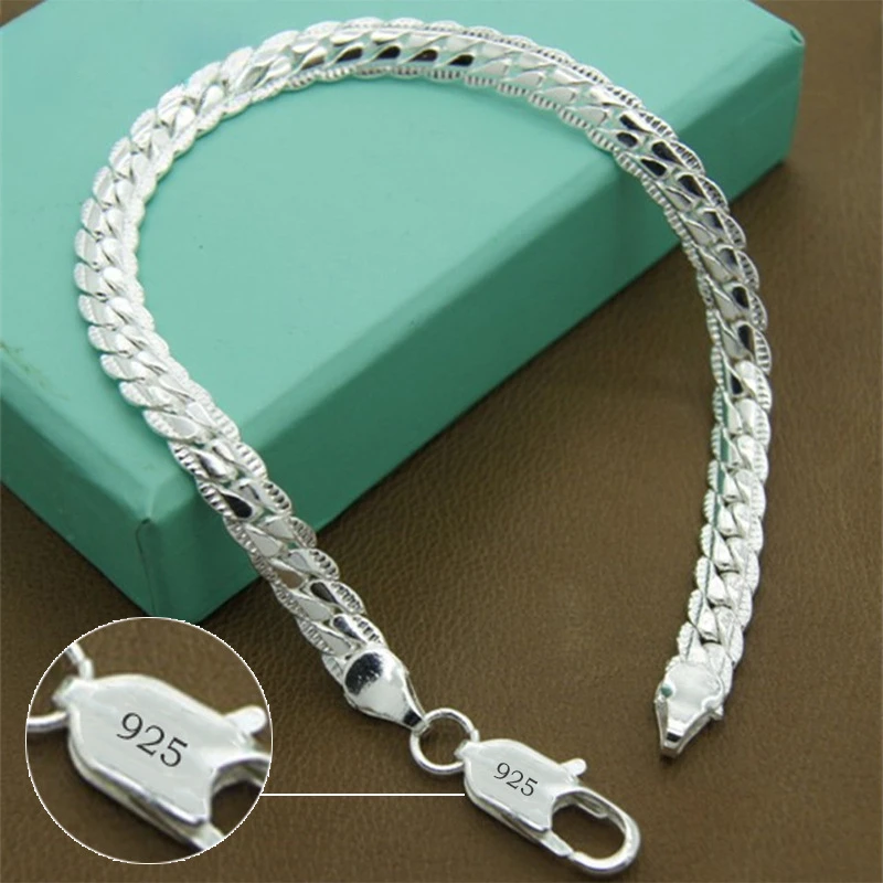 925 Sterling Silver Bracelet 6mm 18/20cm Flat Side Chain Lobster Clasp Bracelet For Woman Man Party Wedding Jewelry Holiday Gift