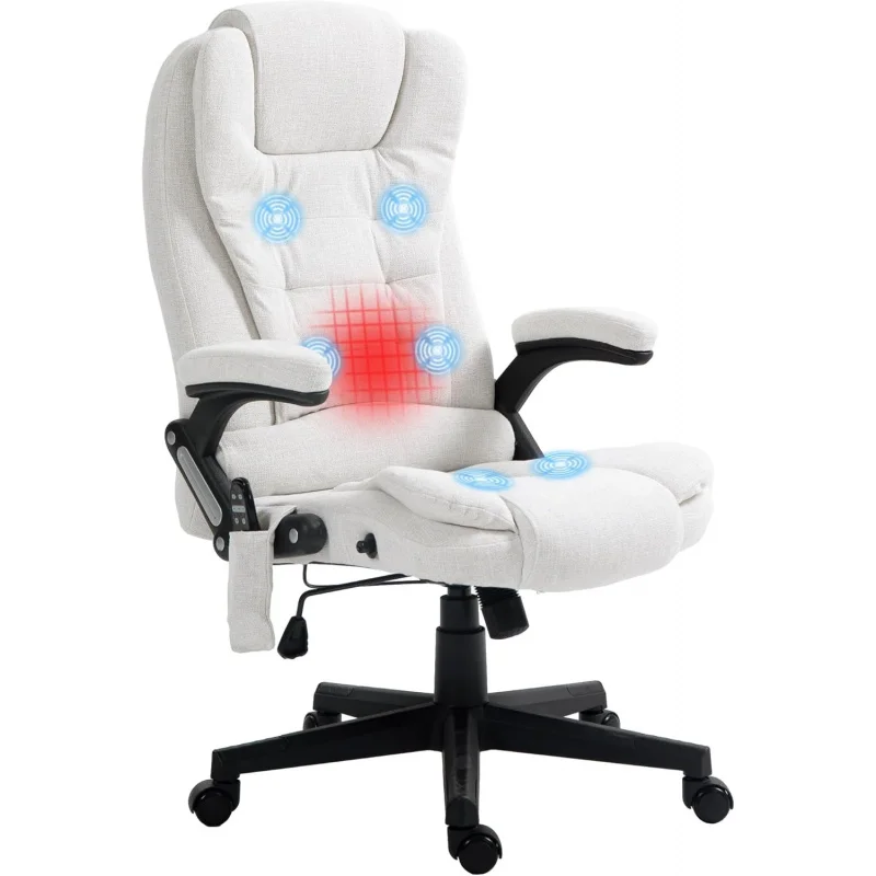 Calor de masaje vibratorio de 6 puntos, silla de oficina ejecutiva de lino con respaldo alto y respaldo reclinable, reposabrazos acolchados y control remoto, Crea