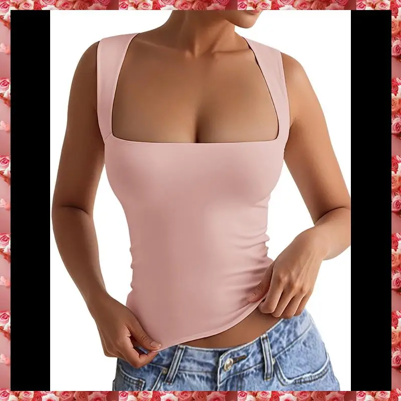 قطع علوية نسائية قصيرة بدون أكمام برقبة مربعة 2025 لطيفة بطبقة مزدوجة بدون خياطة بقصة ضيقة Y2k