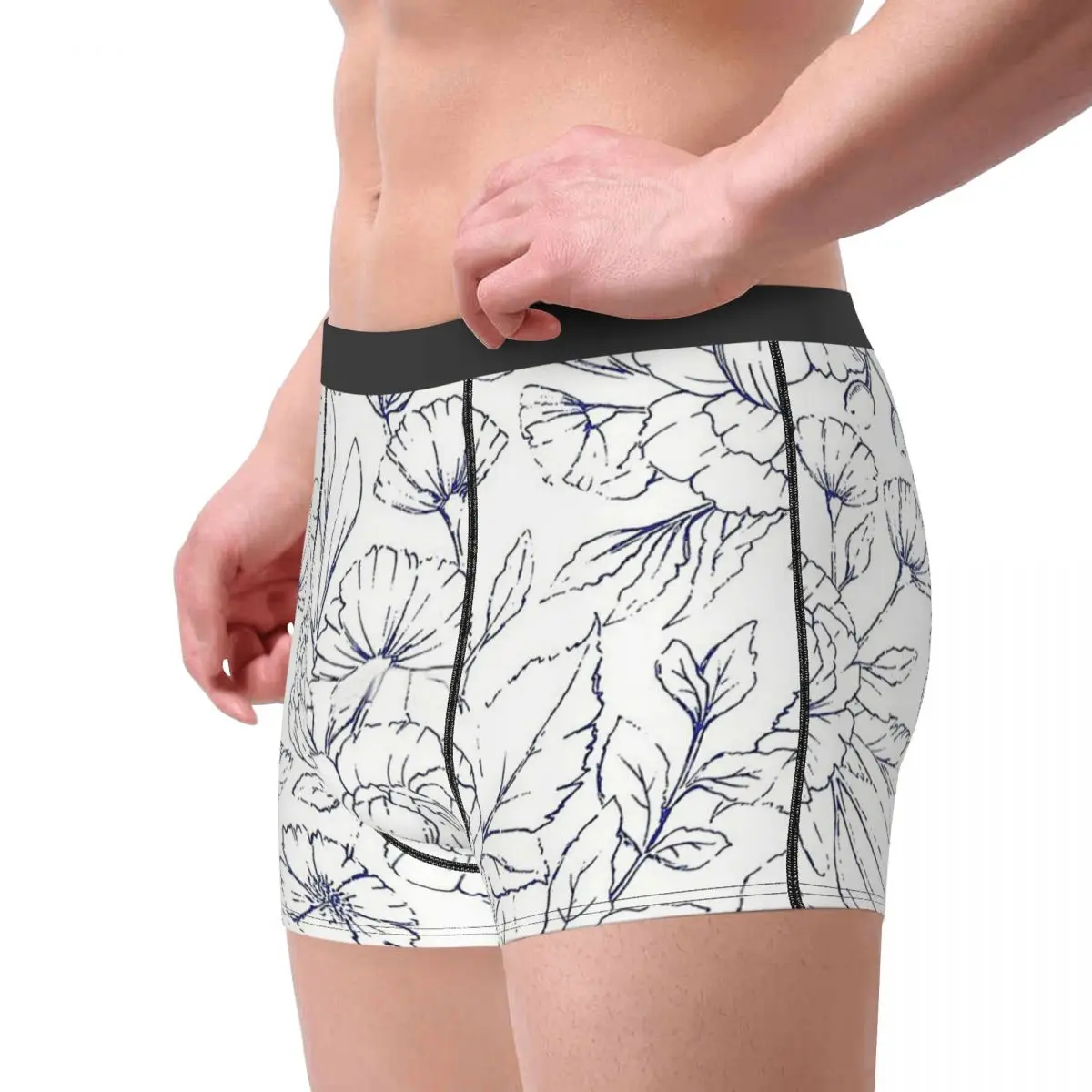 Modern Hand Drawn Navy Blue White Elegant Floral Pattern Underpants Cotton Panties Man Underwear Ventilate Shorts Boxer Briefs