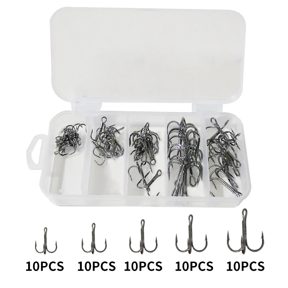 

50PCS Black Treble Hooks Set High Carbon Steel Fishing Hooks for Lure Soft Bait Freshwater Saltwater Tackle