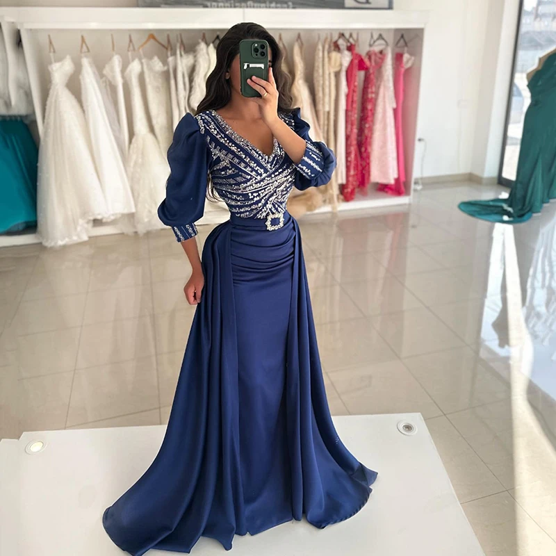 

Thinyfull Formal Mermaid Prom Dresses V-Neck Long Sleeve Beadings Evening Party Dress Sexy Night Cocktail Prom Gowns Plus Size