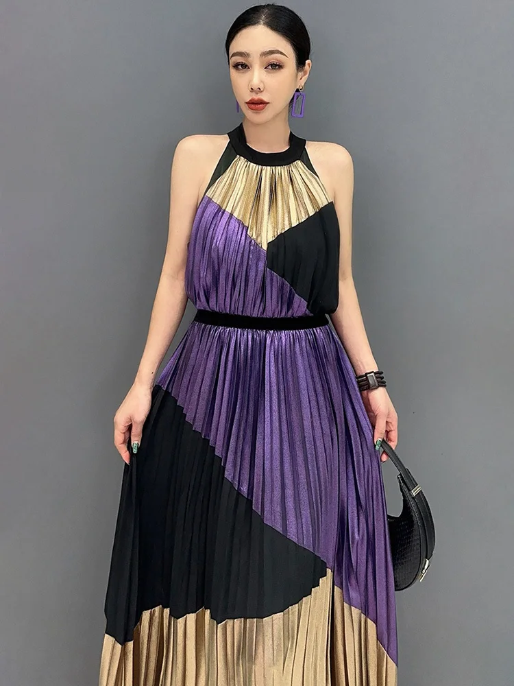 SHENGPALAE 2024 Summer New Fashion Casual Hanging Neck senza maniche Women Dress Chic Color block Vacation abiti femminili 5 c1304