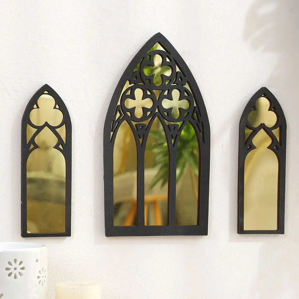 

3Pcs/set Cathedral Floral Patterns Gothic Wall Mount Mirrors Handicraft Smooth Surfaces Vintage Window Mirrors Self-paste