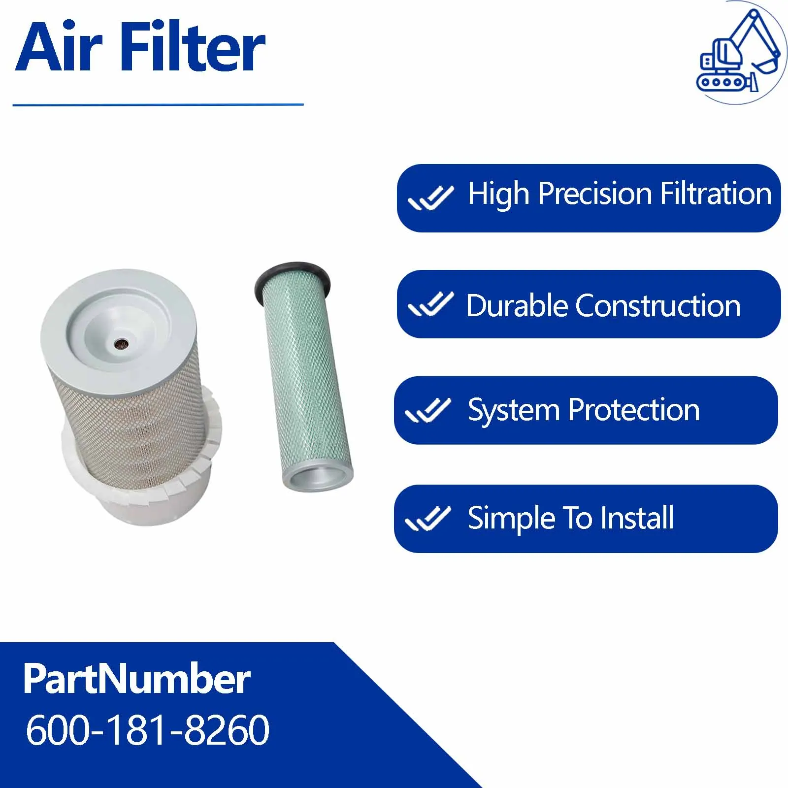 Air Filter 600-181-8260 For Hyundai R160LC-3 R180LC-3 R190LC-5 R200-5 R200LC R200LC-3 R200W-5 R200W2 R210LC-3 R265LC-5