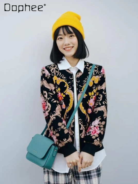 

Высококачественные европейские бейсбольные куртки в стиле ретро для женщин, элегантная роскошная куртка с длинными рукавами и вышивкой из бисера, новая осенне-зимняя куртка