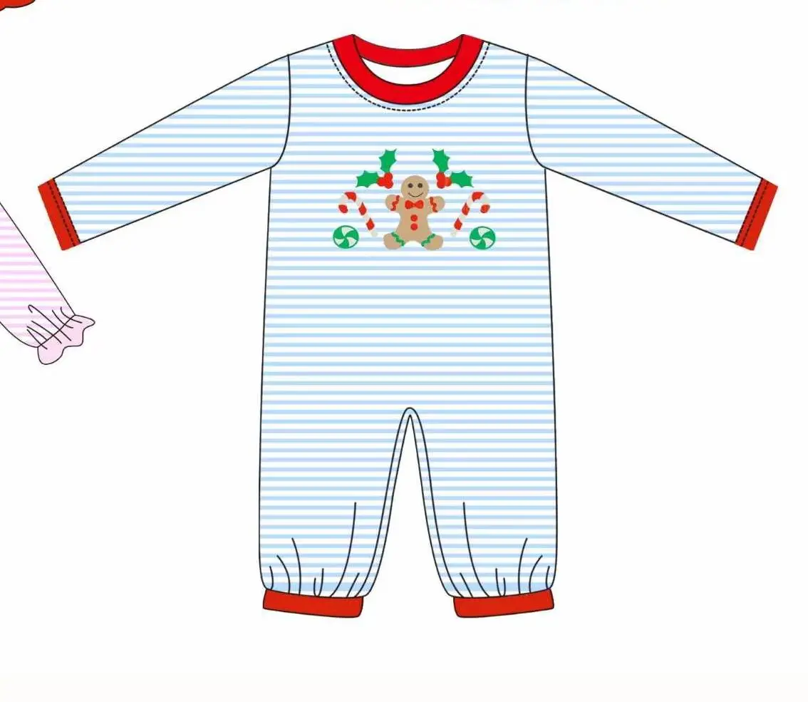 Boutique Toddler Kids Christmas Gingerbread Man Candy Cane Outfit Striped Ruffle Top Pants Romper Baby Xmas Sleeper