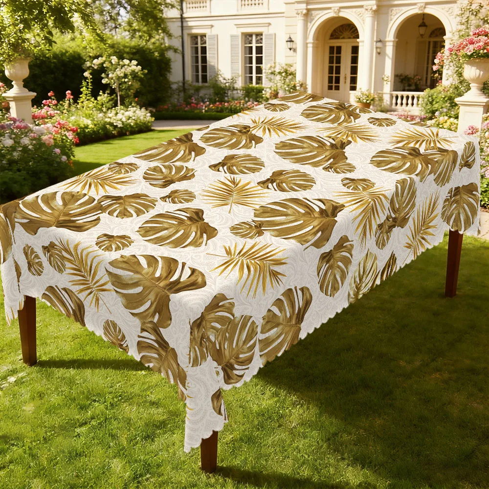 1 Piece of Pastoral-Style Round and Rectangular Tablecloth, Available in 5 Sizes, with a Vintage Pattern Featuring Staggered Gold-Brown Monstera Leaves and Palm Leaves in the Center, Paired with a Printed Round Tablecloth with a Light Base and Textured Pattern, with Embossed Edges, Tropical Vacation Style Decoration, Suitable for Living Room Dining Tables, Garden Gatherings, and Other Occasions, Summer Atmosphere Decoration, Outdoor Party Decoration Gift