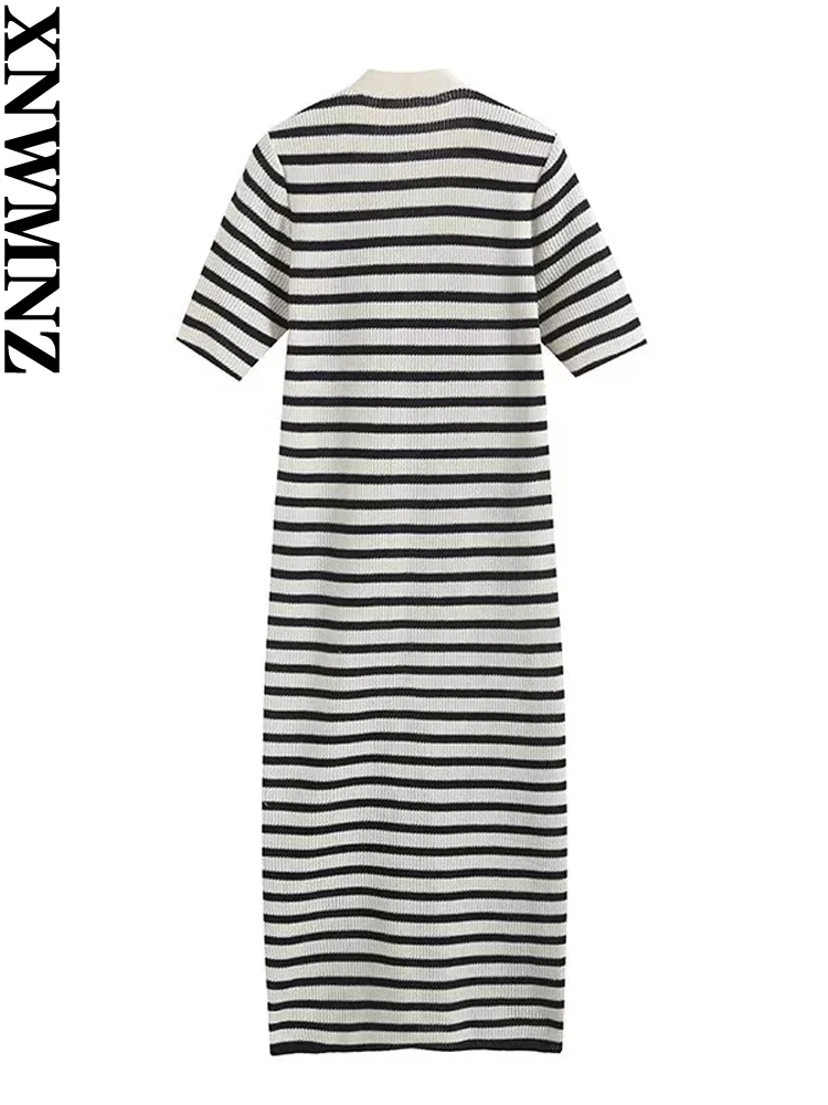 XNWMNZ Women's Fashion 2023 Knitted Stripe V Neck Long dress Women Vintage Short Sleeve Front Button Versatile Female Dresses