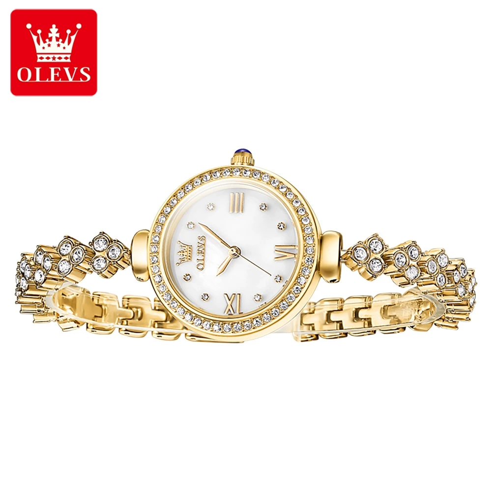 OLEVS jam tangan kuarsa wanita, arloji 9903 elegan modis tahan air, jam tangan gelang bercahaya berlian Bezel Reloj