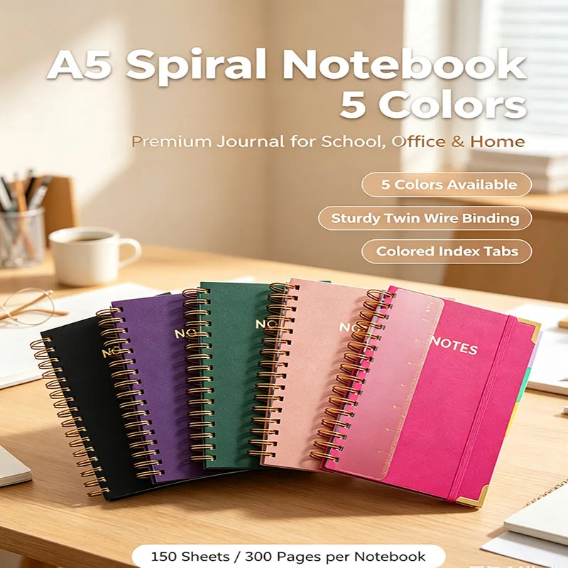 A5 Spiral Notebook with Ruler, 300 Pages Lined Hardcover Faux Leather Journal for School Office College Daily Planning