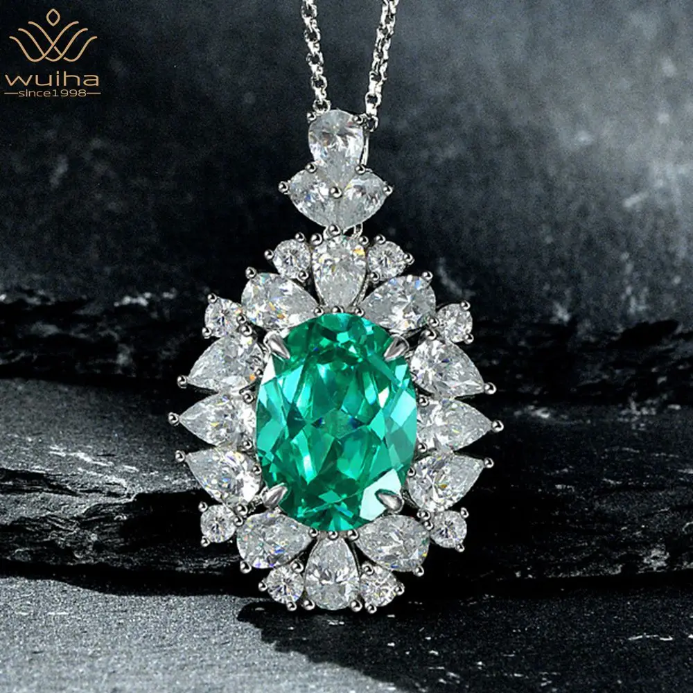 

WUIHA 925 Sterling Silver Oval 17CT Paraiba Tourmaline Created Moissanite Diamond Pendant/Necklace for Women Gifts Drop Shipping