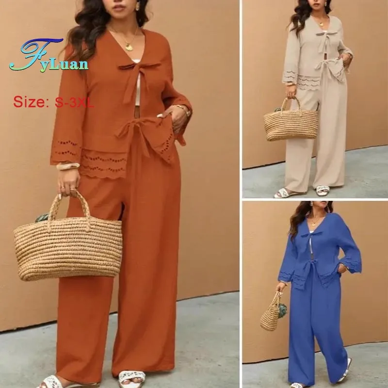 

Осень-зима, женские элегантные комплекты из двух предметов, спортивная одежда, ретро, v-образный вырез, кружевной кардиган с длинными рукавами, рубашка, широкие брюки, костюм