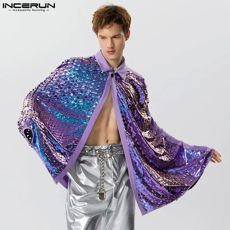 INCERUN Men Cloak Patchwork Shiny Lapel One Button Loose Fashion Irregular Trench Ponchos Streetwear 2024 Casual Cape Coats Men